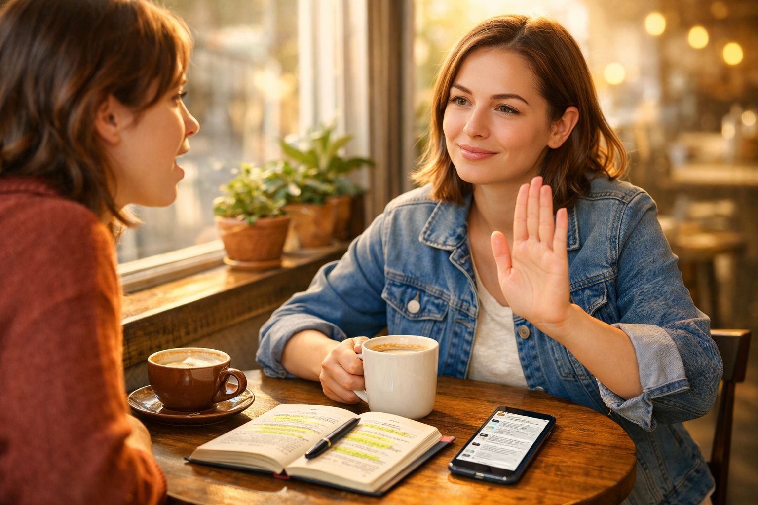 Duas mulheres a conversar num café, uma delas com a mão levantada a sinalizar paragem.