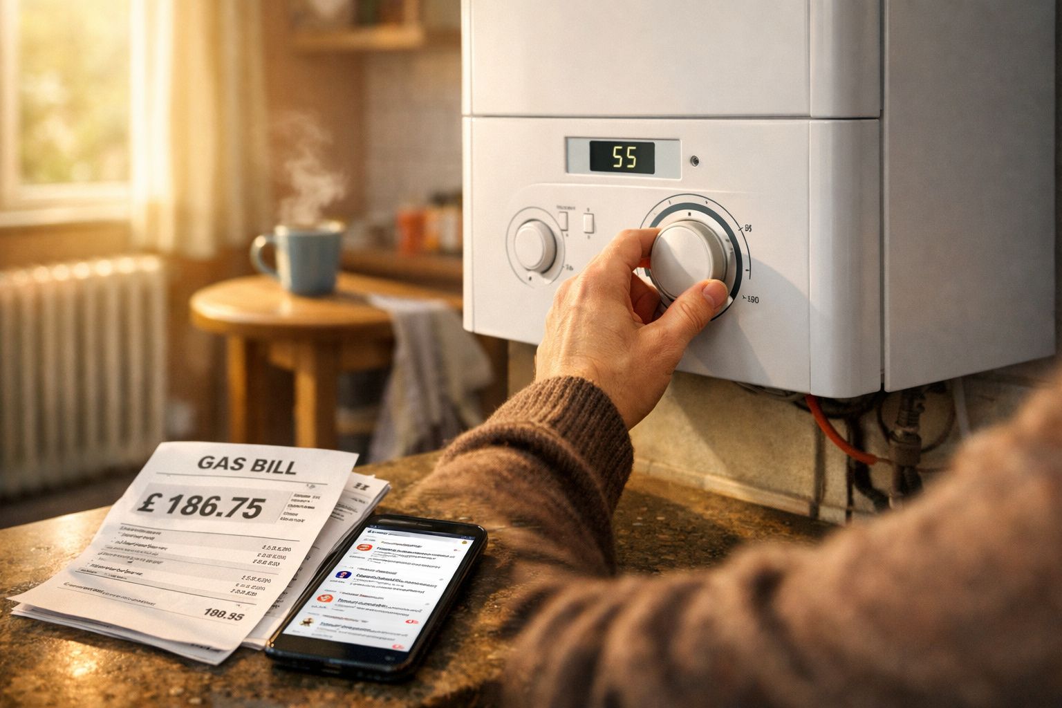 Pessoa a ajustar a temperatura de um aquecedor com conta de gás e telemóvel numa mesa próxima.