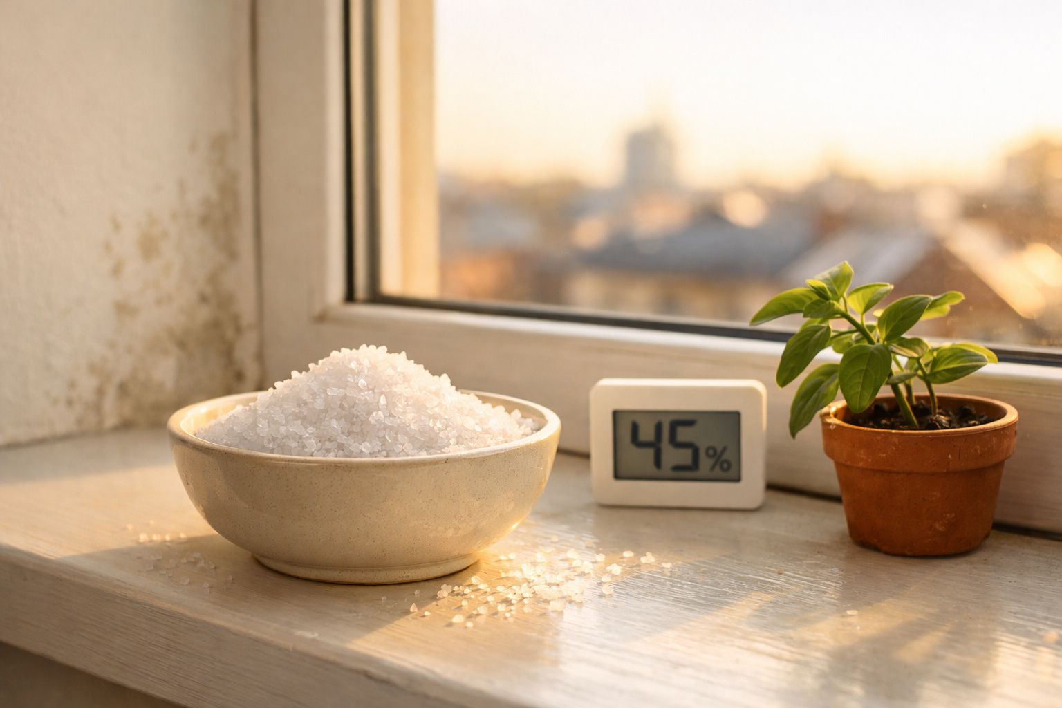 Vaso com planta, recipiente com sal e higrómetro digital a indicar 45% numa janela iluminada pelo sol.