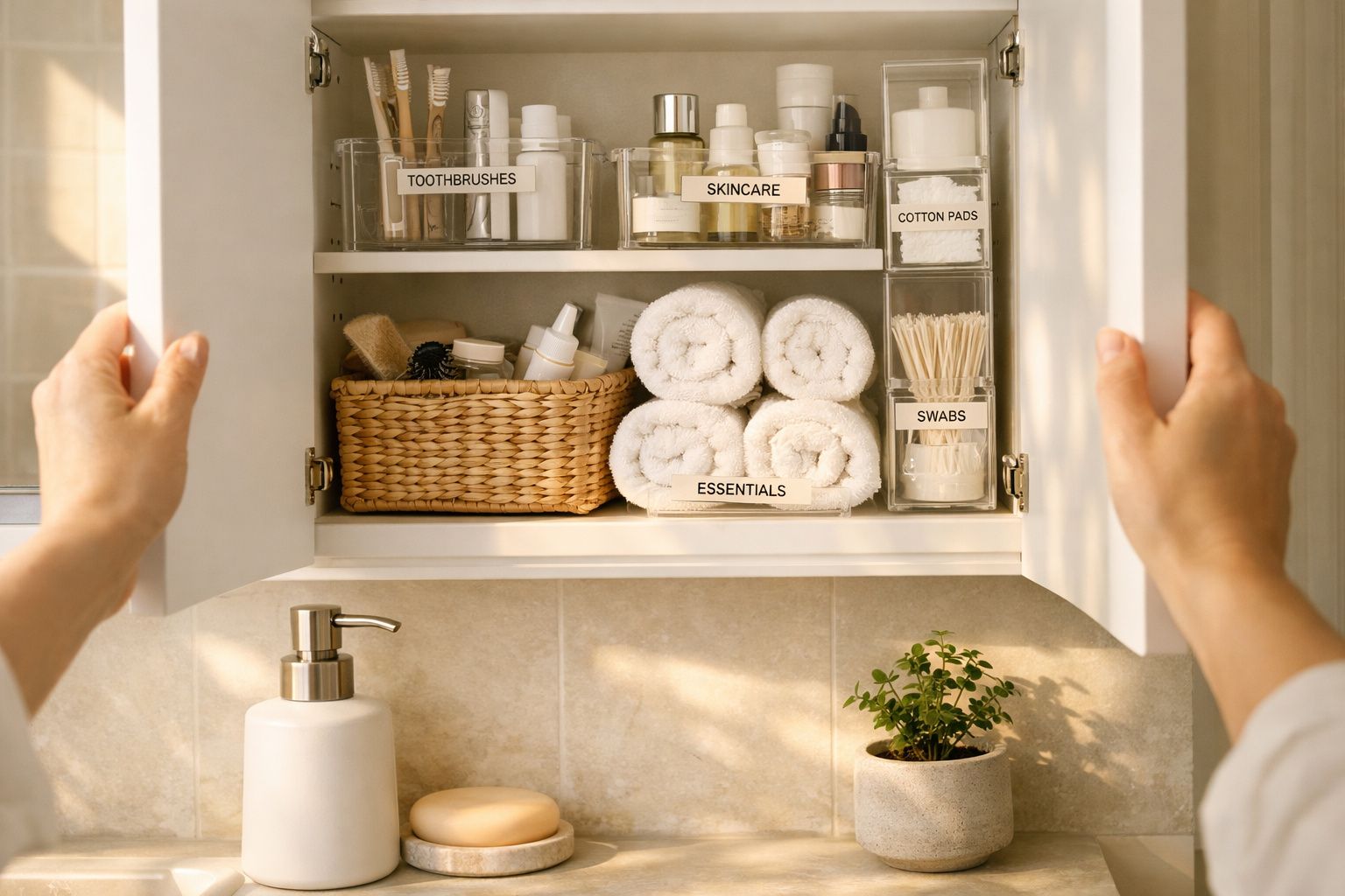 Mãos a abrir armário de casa de banho organizado com produtos de higiene e toalhas enroladas brancas.