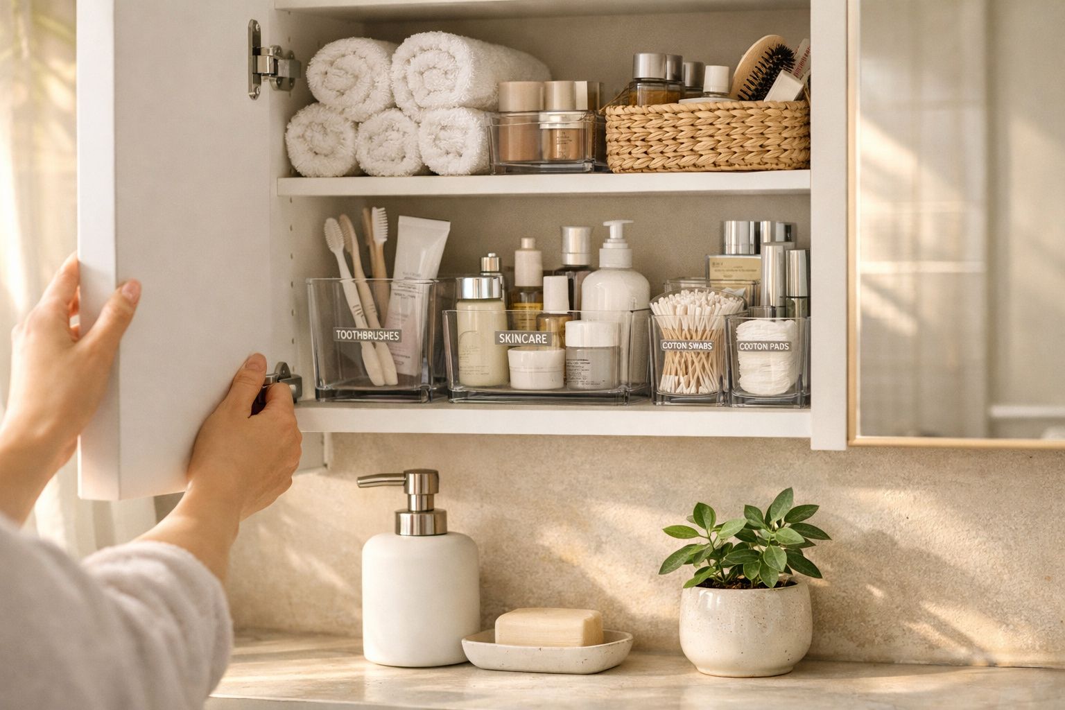 Mãos a abrir armário de casa de banho com toalhas, escovas, cremes e cotonetes organizados.