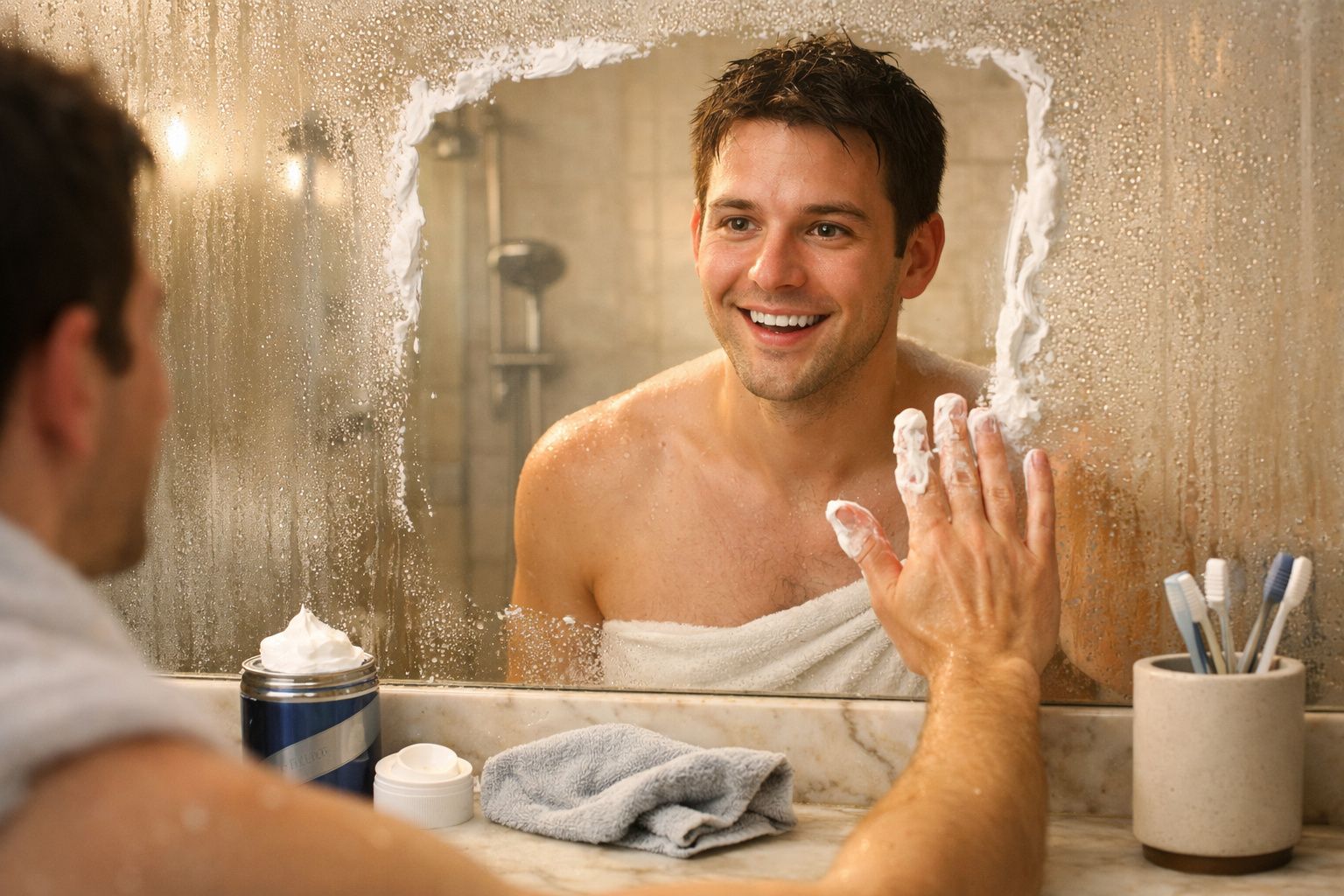 Homem sorridente com toalha, a aplicar espuma de barbear no espelho da casa de banho húmido.