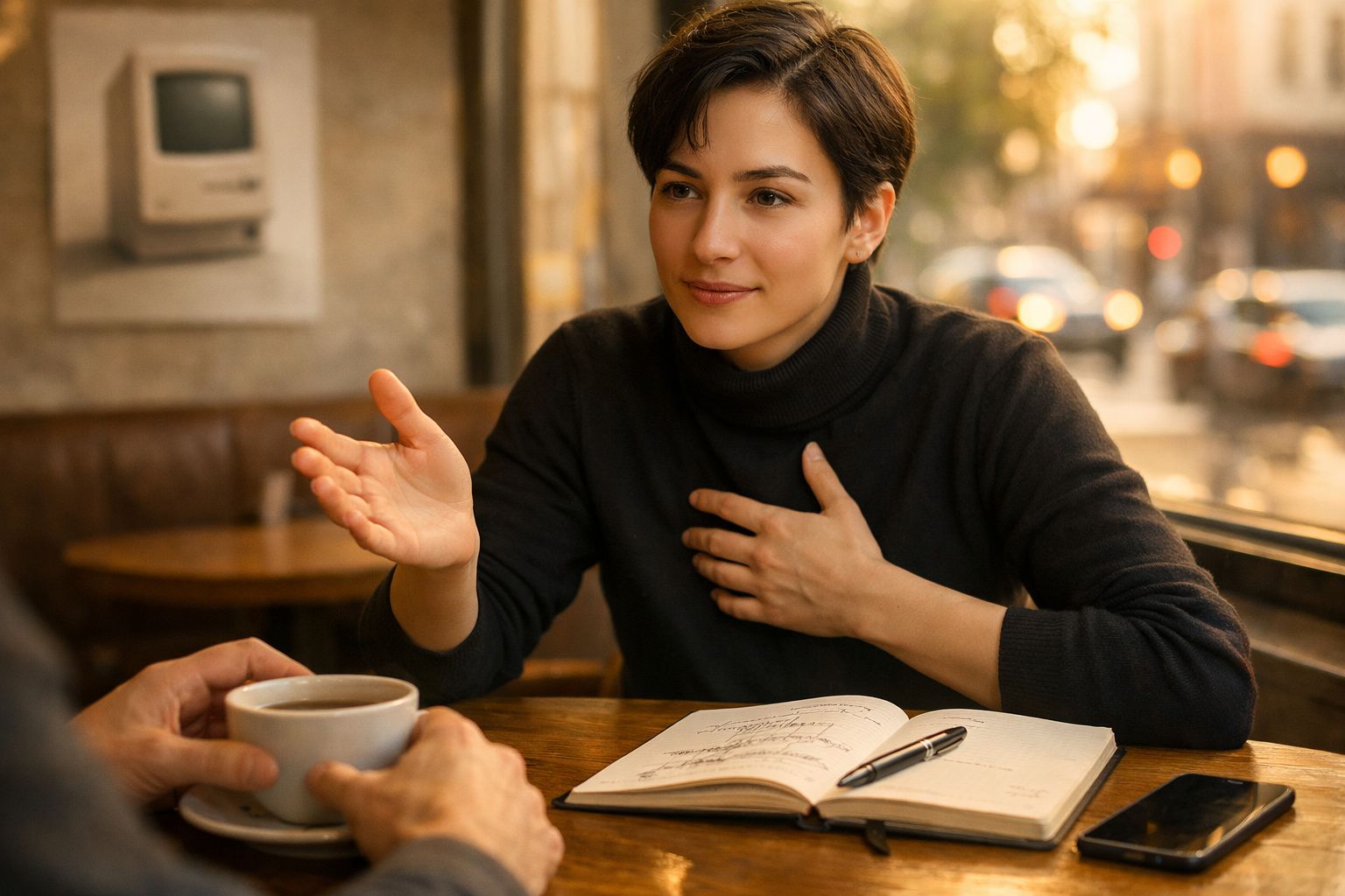 Pessoa jovem a falar expressivamente com outra enquanto está sentada numa mesa de café com um caderno aberto.