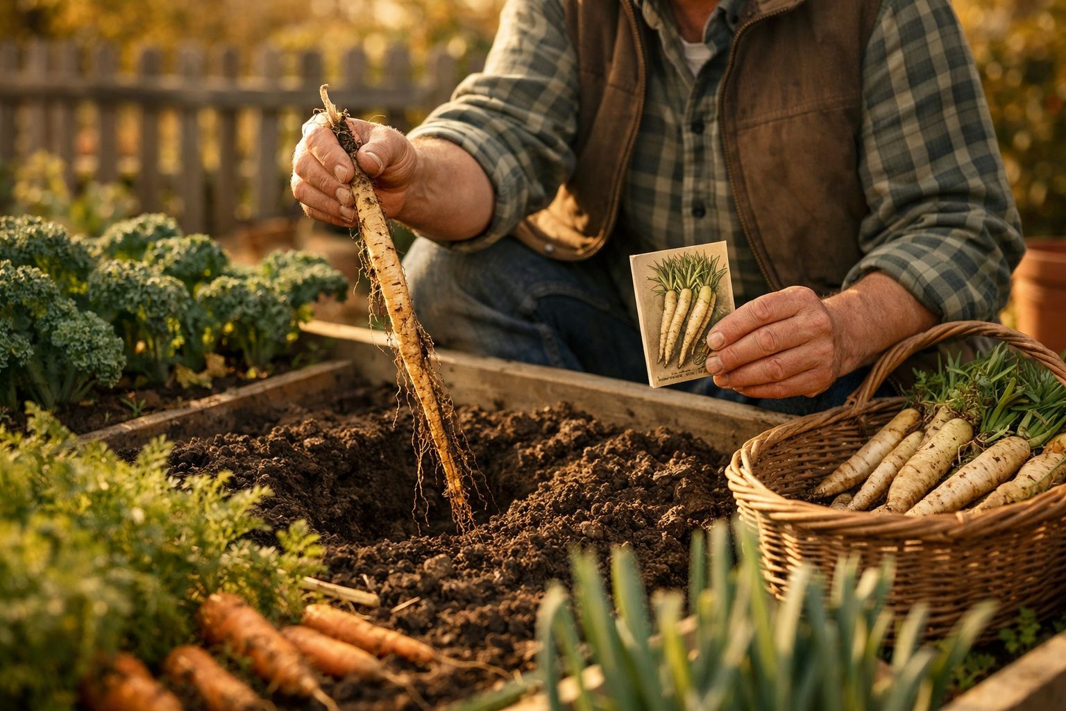 Pessoa a colher raízes brancas numa horta, segurando uma sementeira com imagem das mesmas raízes.