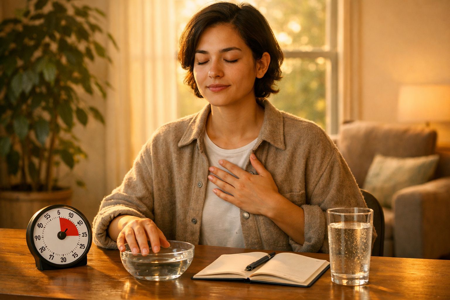 Mulher sentada à mesa, a segurar um copo com água, olhos fechados e mão no peito, num ambiente tranquilo.