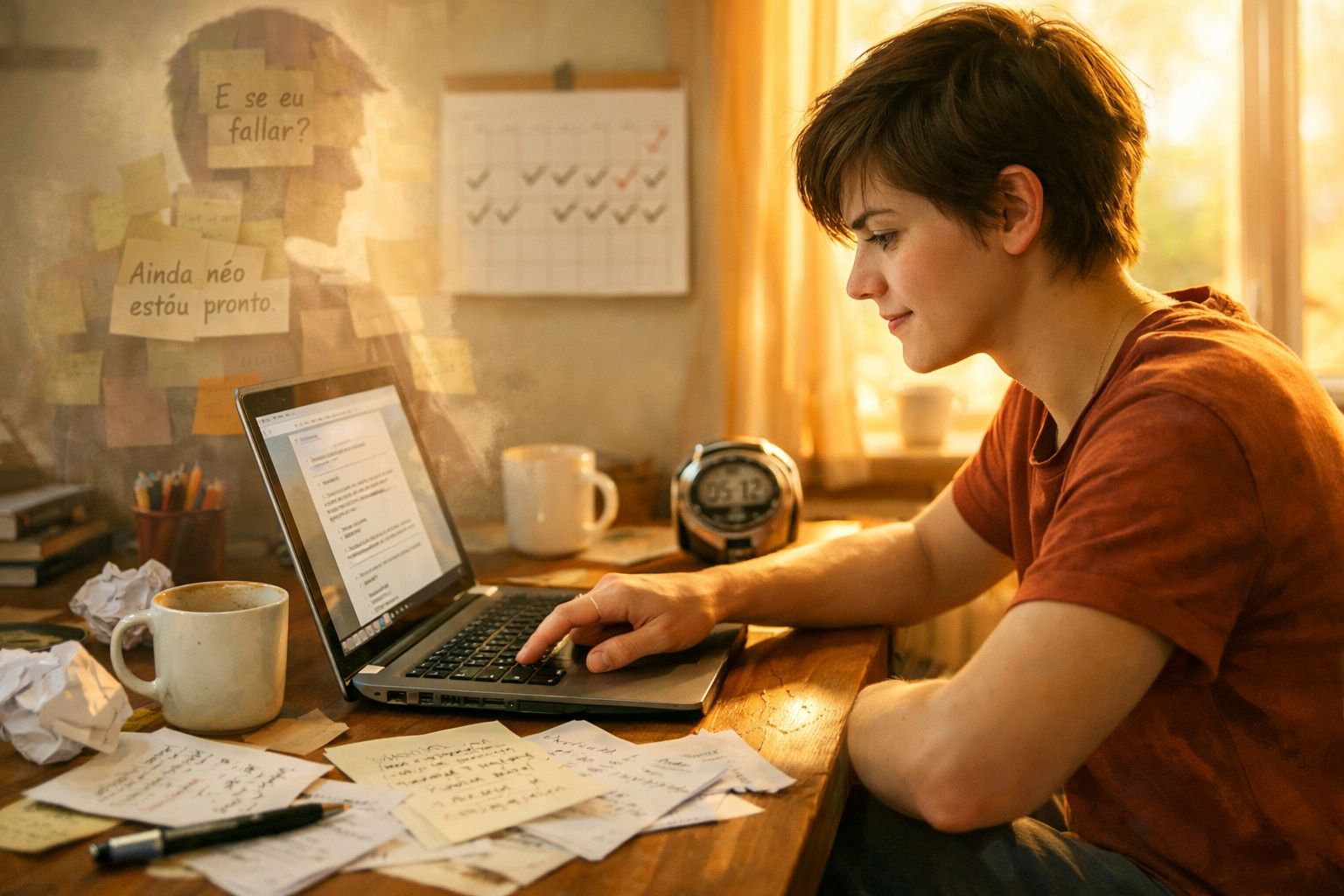 Pessoa jovem a trabalhar num portátil numa secretária com notas e papéis espalhados num ambiente iluminado.