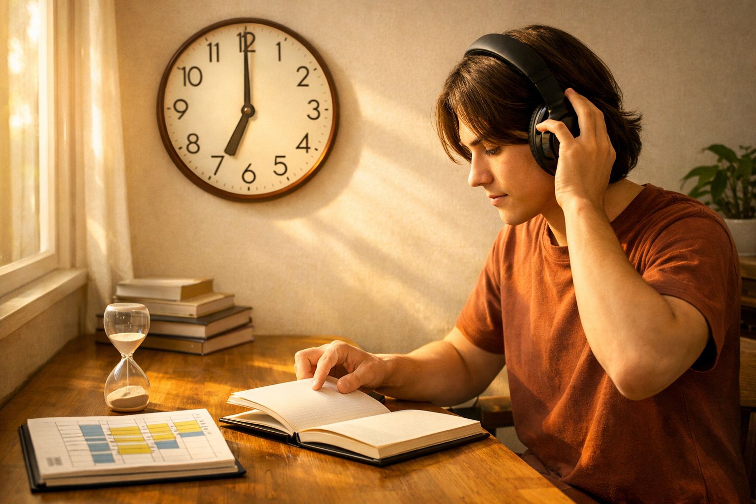 Jovem com auscultadores a estudar e ler livro num ambiente iluminado, relógio e ampulheta na mesa.