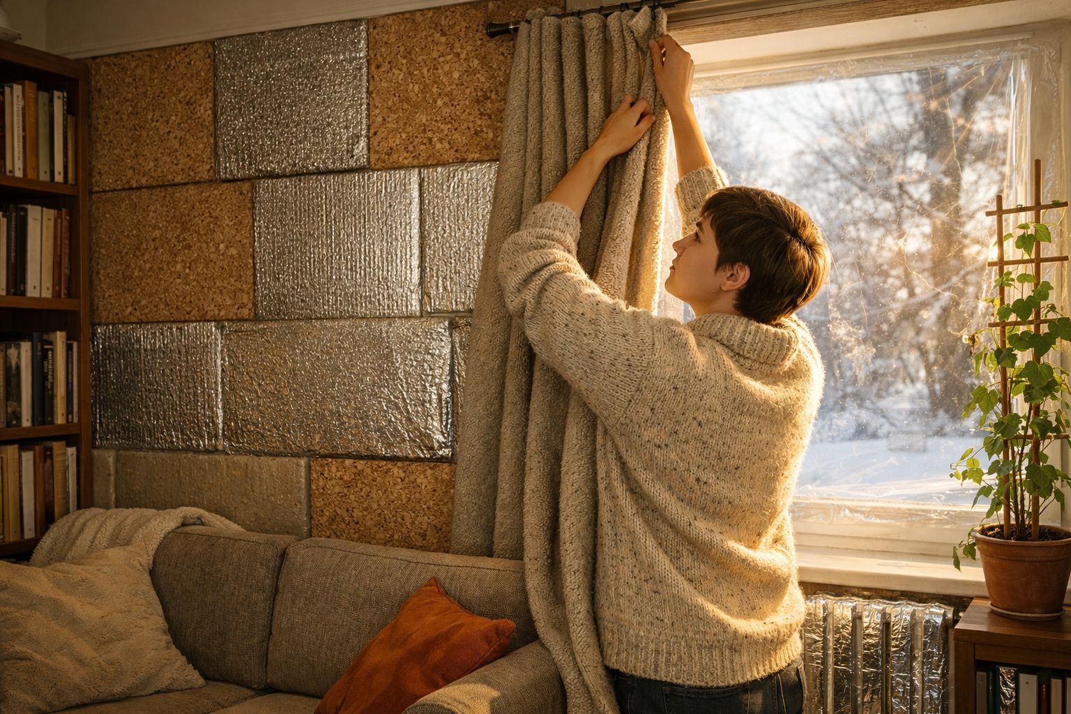 Pessoa a fechar a cortina num dia com neve, numa sala acolhedora com sofá e estante de livros.