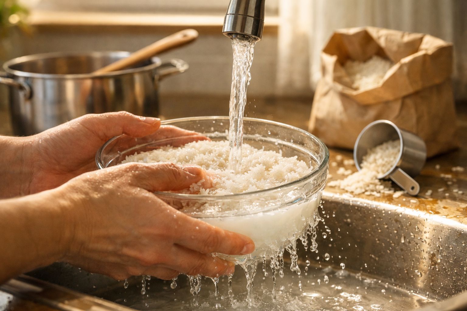Mãos a lavar arroz num recipiente de vidro com água a correr numa torneira de cozinha.