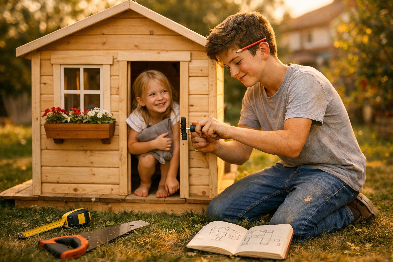 Menino a montar uma casa de brincadeira enquanto menina sorri na porta, cenário ao ar livre ao fim da tarde.