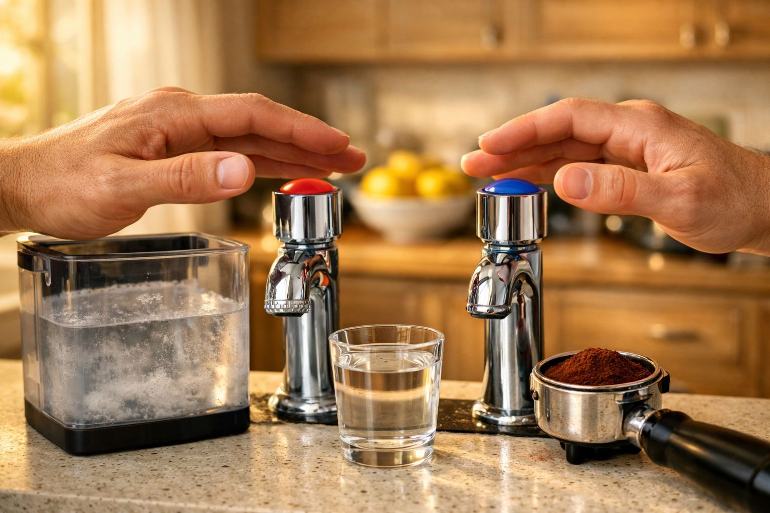 À direita, mão sobre torneira com botão azul; à esquerda, mão sobre torneira com botão vermelho e vários utensílios.