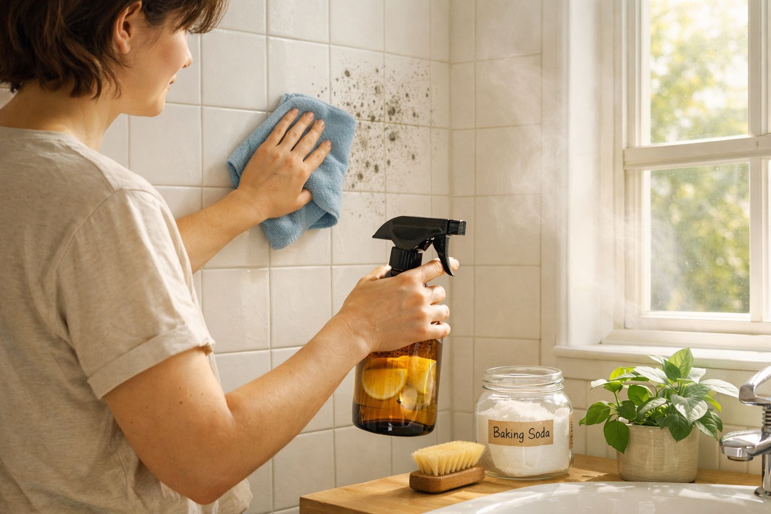Pessoa a limpar azulejos da parede da cozinha com spray caseiro e pano azul junto a frasco de bicarbonato.