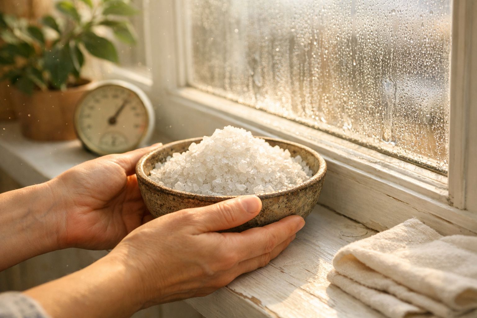 Mãos seguram taça com sal grosso junto a janela com gotas de água em ambiente iluminado e acolhedor.