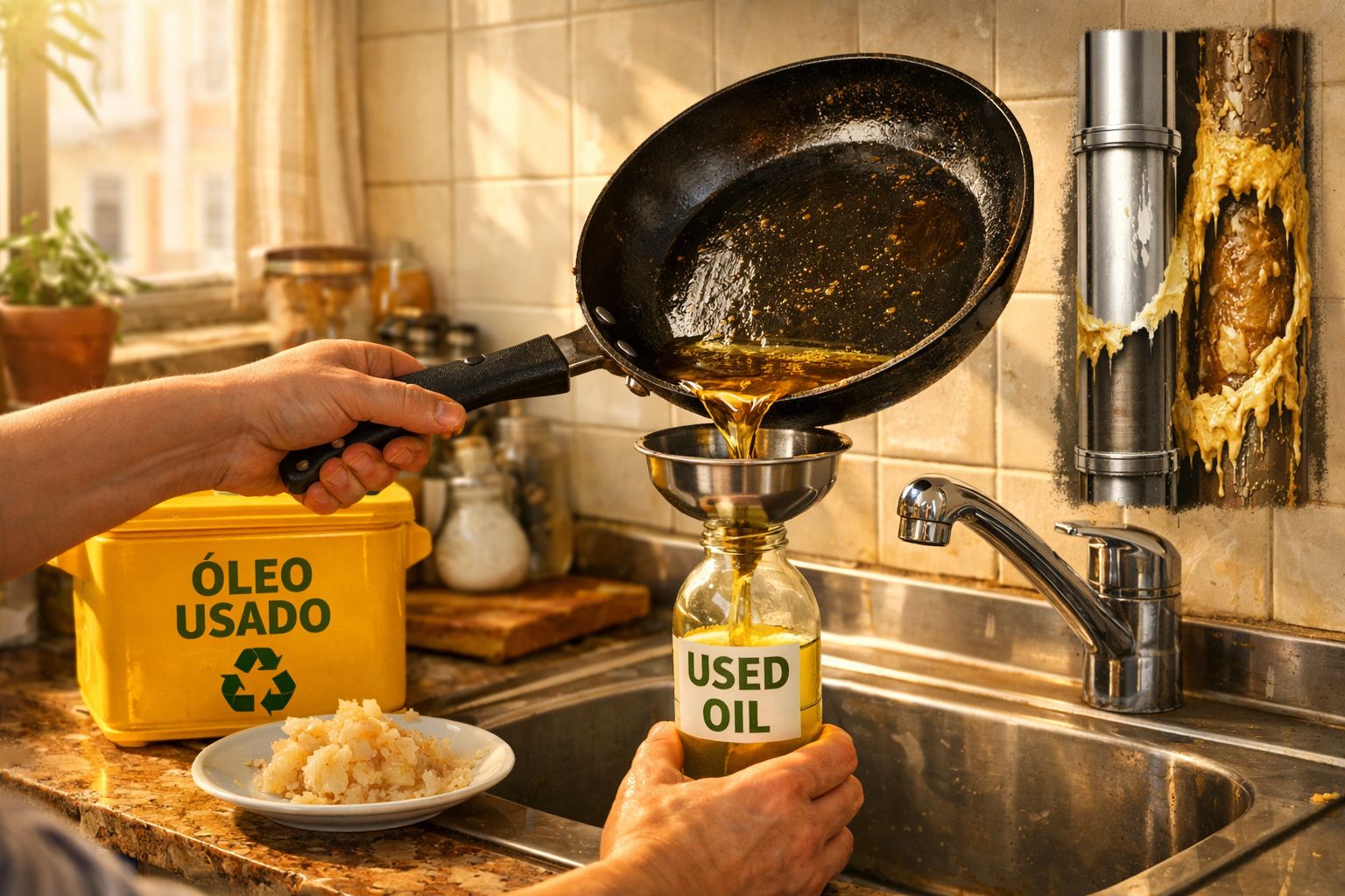 Pessoa a despejar óleo usado de frigideira para garrafa reciclável na cozinha com caixa amarela de recolha de óleo usado.