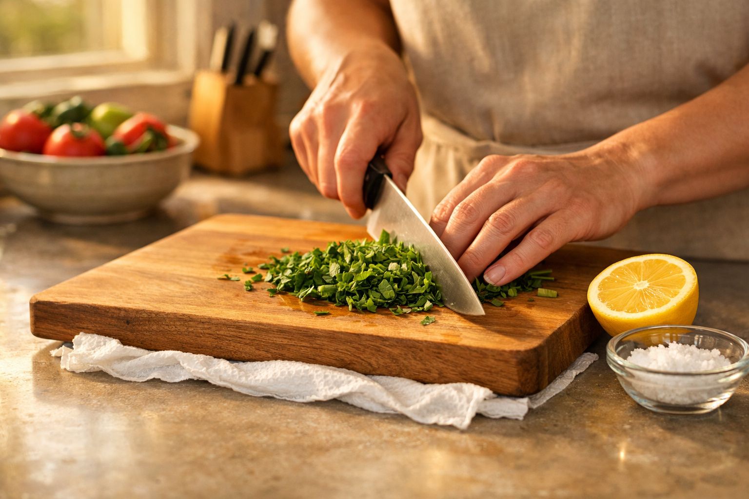 Pessoa a picar ervas frescas numa tábua de madeira com limão e sal ao lado na cozinha.