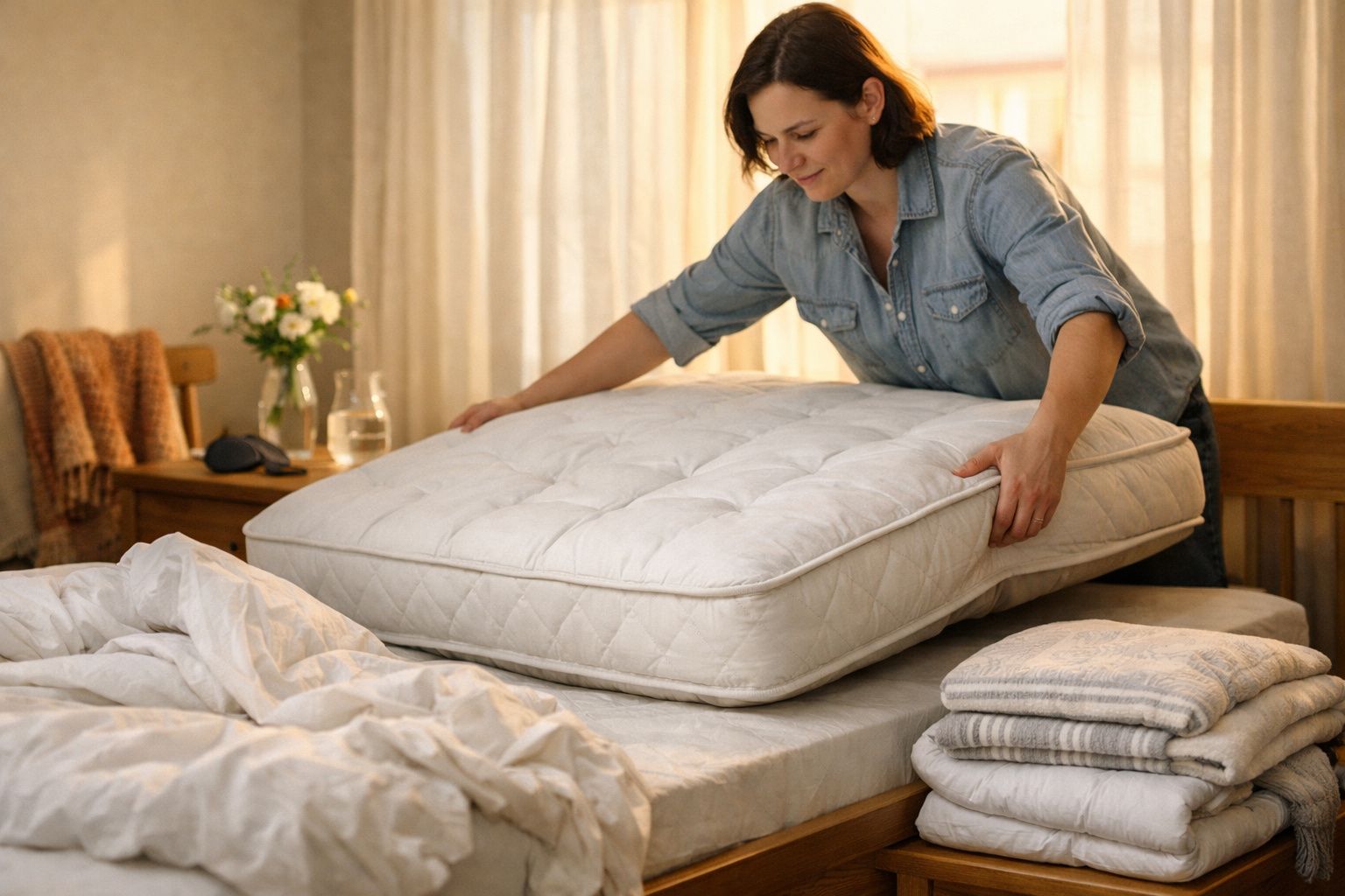 Mulher a arrumar um colchão num quarto com toalhas empilhadas e flores numa jarra ao fundo.