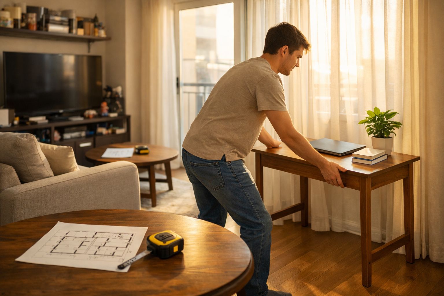 Homem a mover uma mesa de madeira num sala de estar bem iluminada com plantas e plantas e plantas.