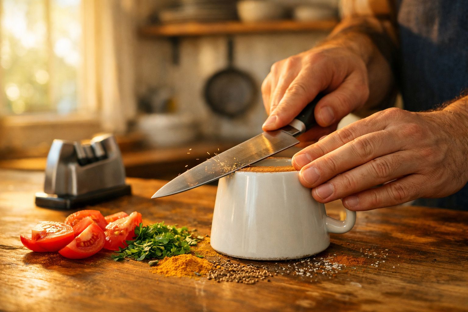 Pessoa a afiar uma faca apoiada numa caneca, com tomate, ervas e especiarias numa mesa de madeira.