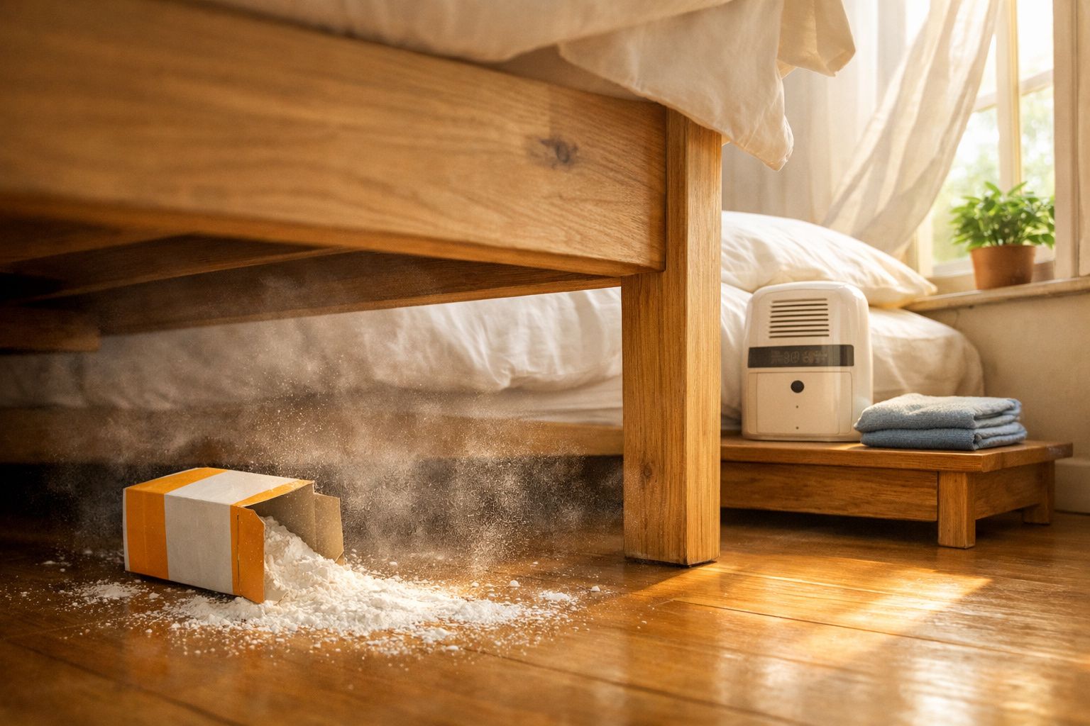 Caixa de bicarbonato de sódio caída no chão junto à cama de madeira com desumidificador na mesa ao lado.