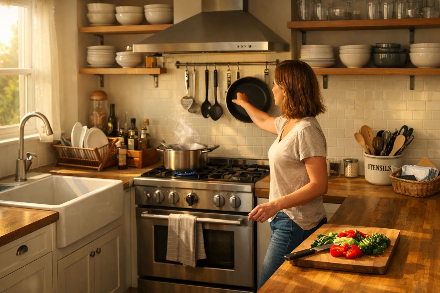 Mulher a cozinhar numa cozinha moderna com legumes numa tábua de madeira e panela a ferver no fogão.