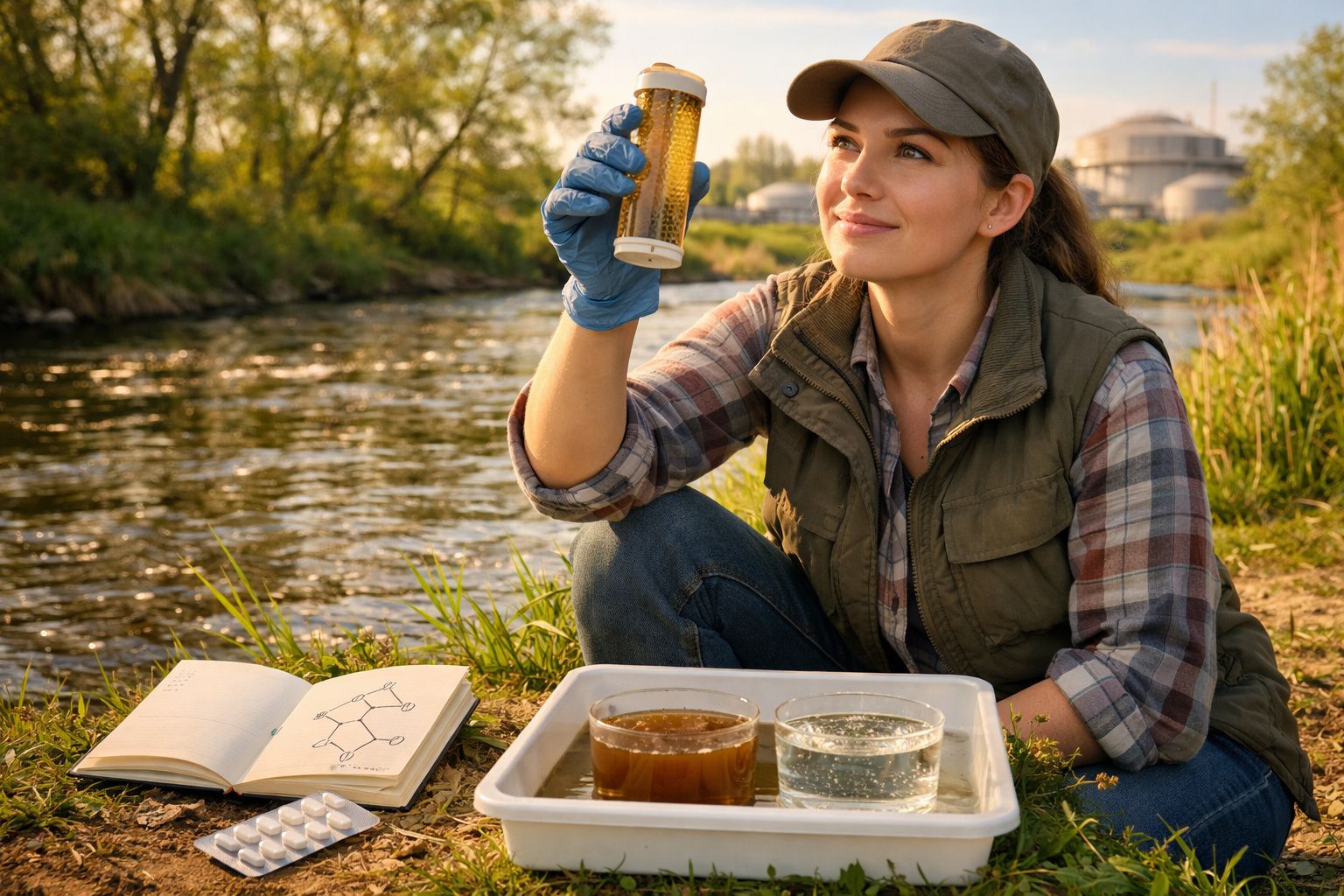 Mulher cientista analisa amostra de água turva perto de rio com equipamentos e caderno aberto.