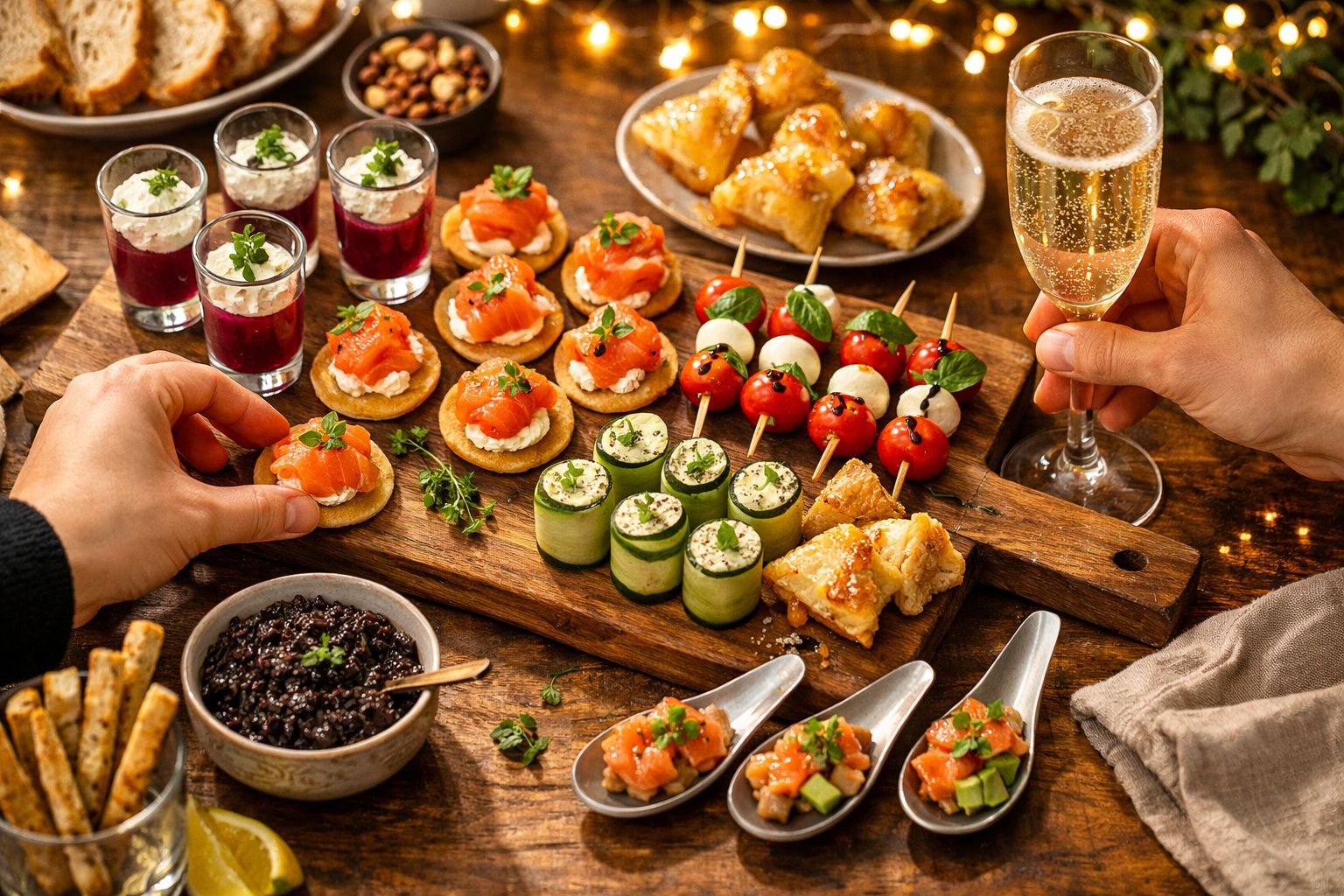 Mesa com várias entradas coloridas, incluindo canapés, rolinhos de pepino, espetadas, patês e uma taça de champanhe.