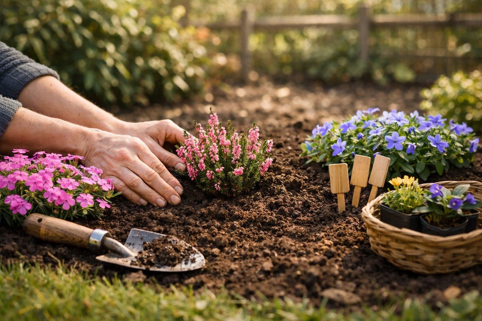 Pessoas a plantar flores coloridas numa horta com solo escuro e ferramentas de jardinagem.