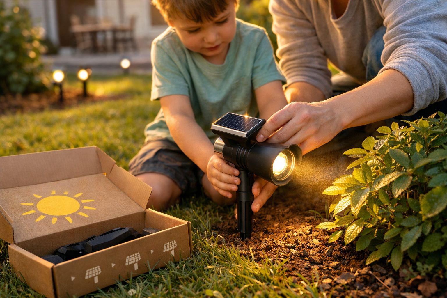 Criança e adulto instalando luz solar de jardim junto a plantas durante o dia.