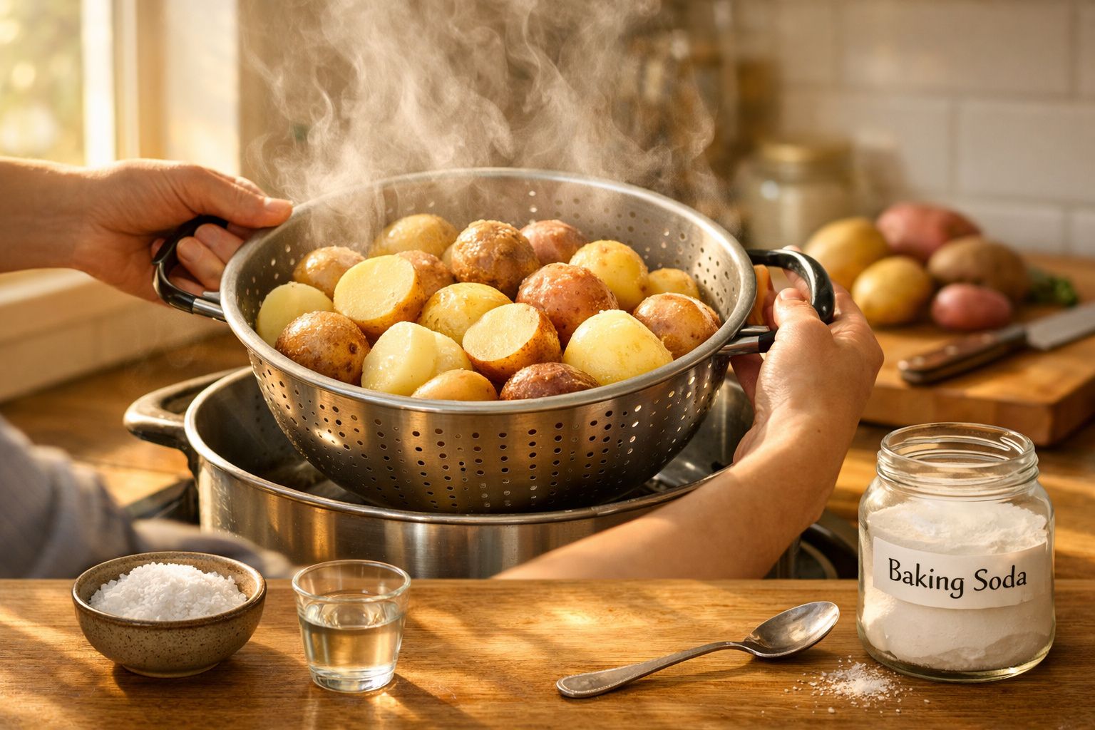 Mãos retiram batatas cozidas ao vapor num passador, com vapor visível e ingredientes numa cozinha iluminada.