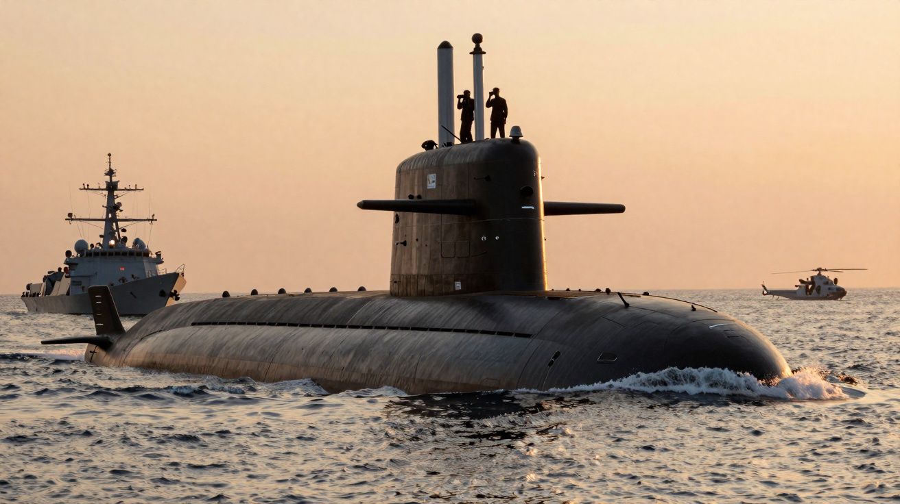 Submarino a emergir no mar ao pôr do sol, acompanhado por um navio militar e um helicóptero ao fundo.