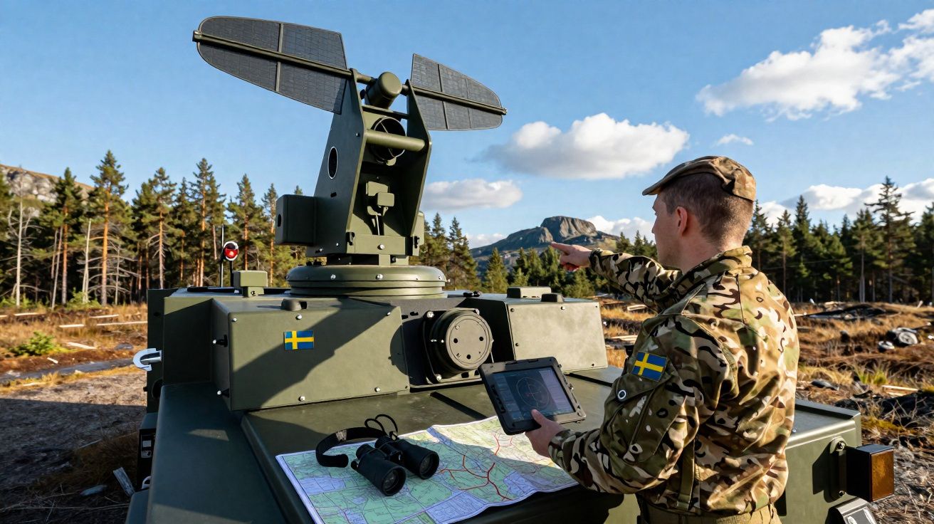 Soldado com farda camuflada controla radar militar num veículo, com binóculos e mapa numa floresta ao fundo.