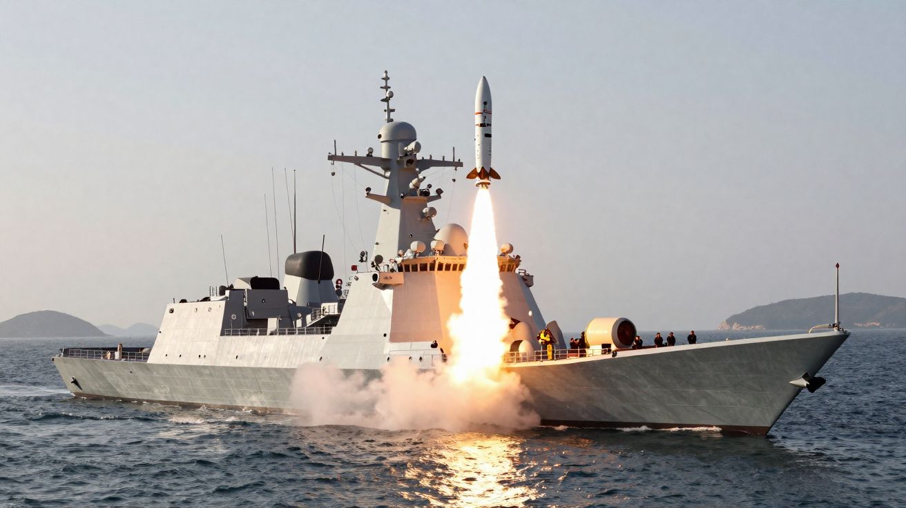 Navio de guerra lança míssil no mar durante o dia com ilhas ao fundo sob céu claro.