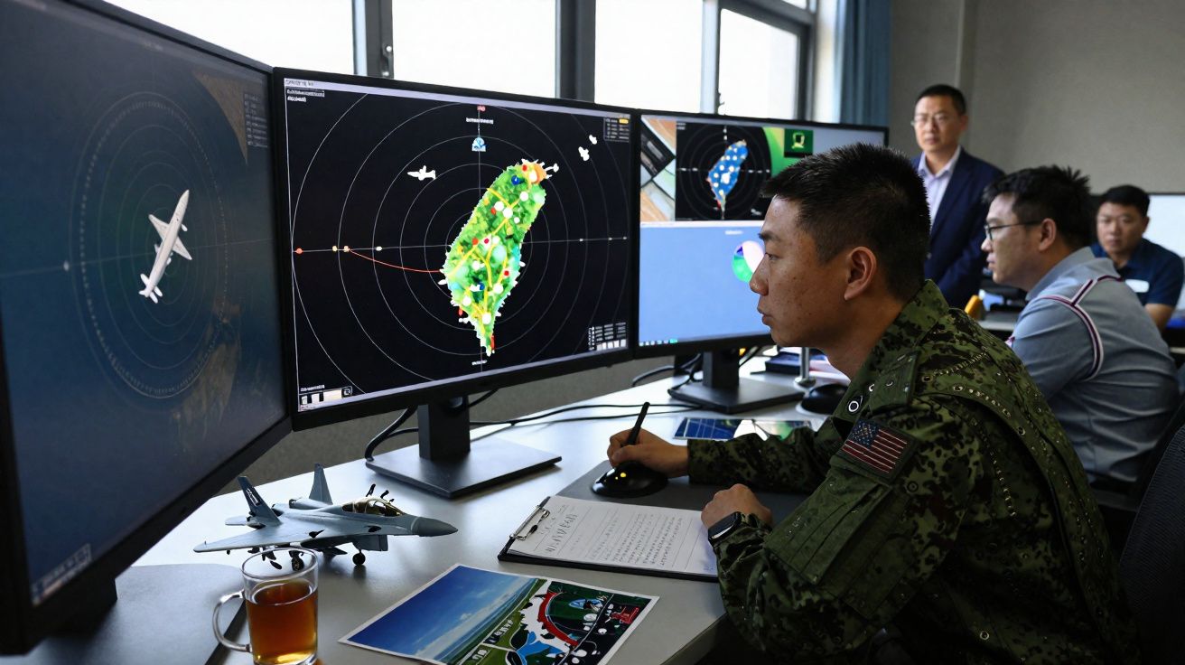 Militar a analisar mapas e radares de uma ilha em três monitores num centro de comando.