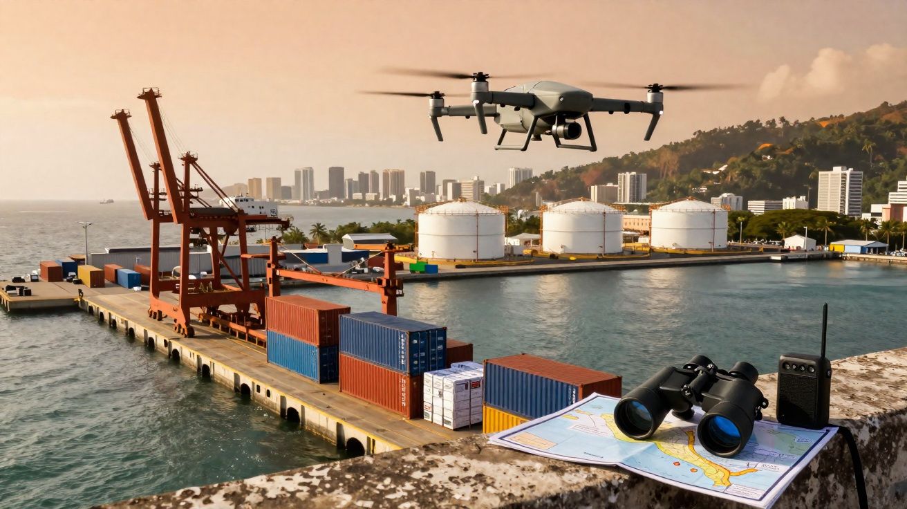 Drone a sobrevoar porto marítimo com contentores e equipamentos de navegação ao pôr do sol.