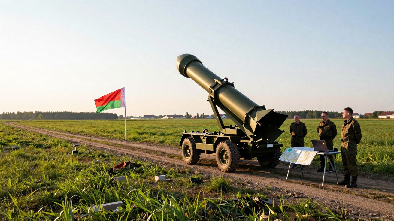 Soldados junto a míssil transportável montado em carrinha em campo aberto com bandeira da Bielorrússia.