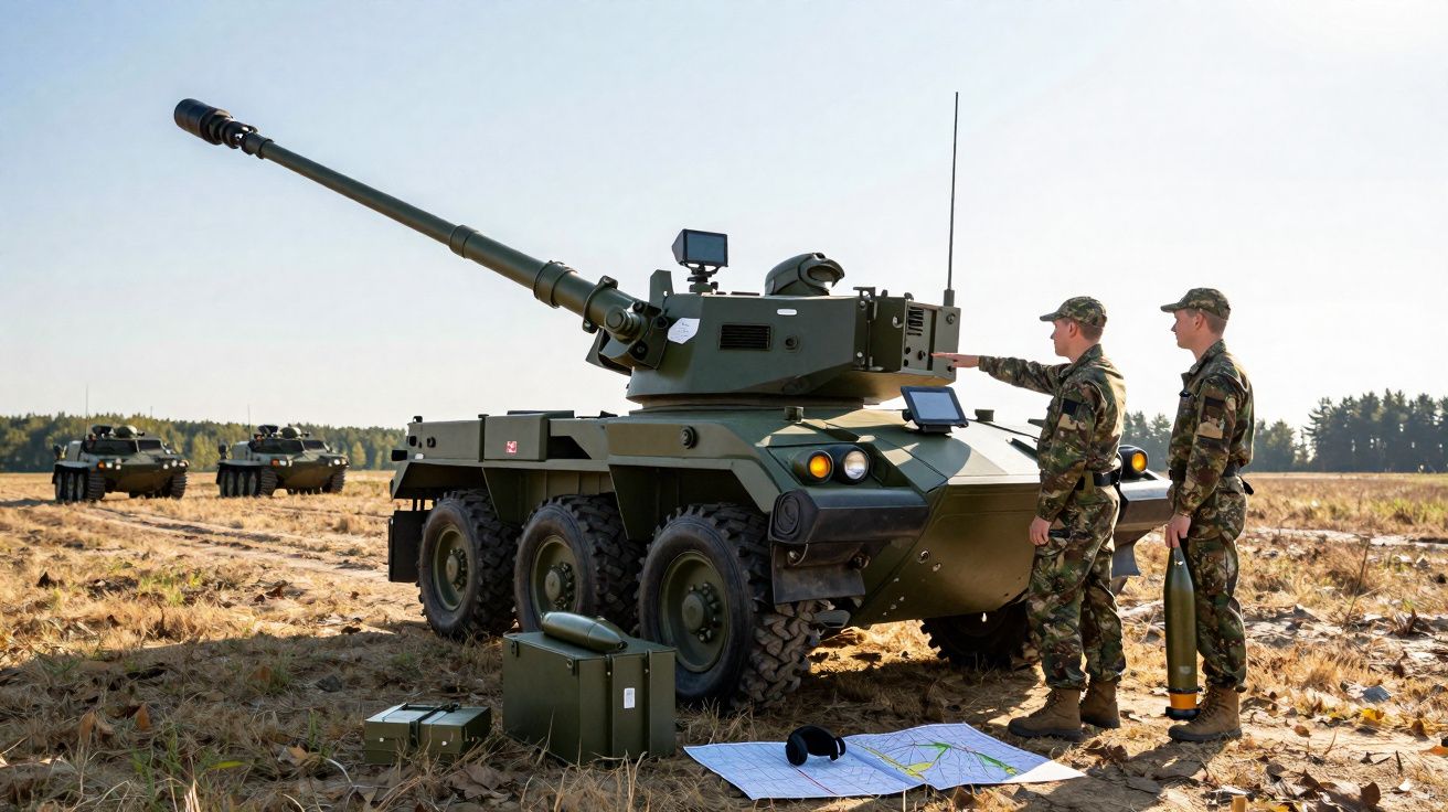 Veículo blindado de rodas com canhão e dois soldados em uniforme camuflado junto a mapas em campo aberto.