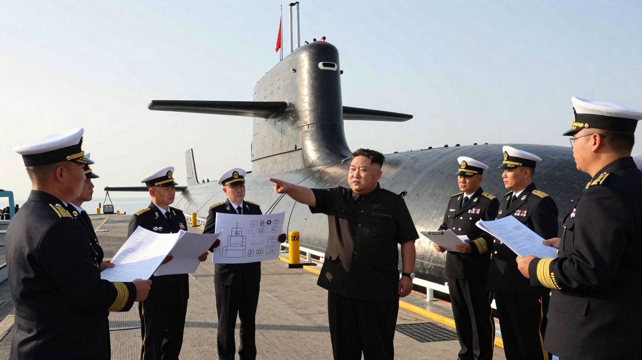 Kim Jong-un dirige reunião com oficiais navais junto a um submarino militar no píer.