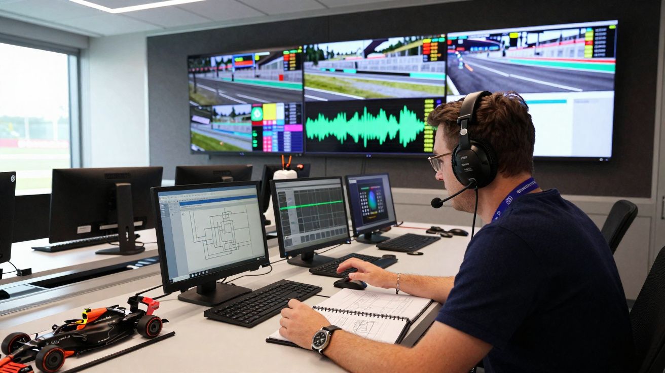 Homem com headset a trabalhar em computador num centro de controlo de corrida automóvel com várias ecrãs.