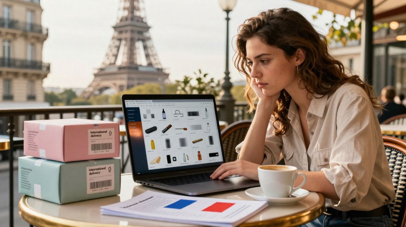Mulher a trabalhar num laptop num café em Paris, com a Torre Eiffel ao fundo e pacotes ao lado.