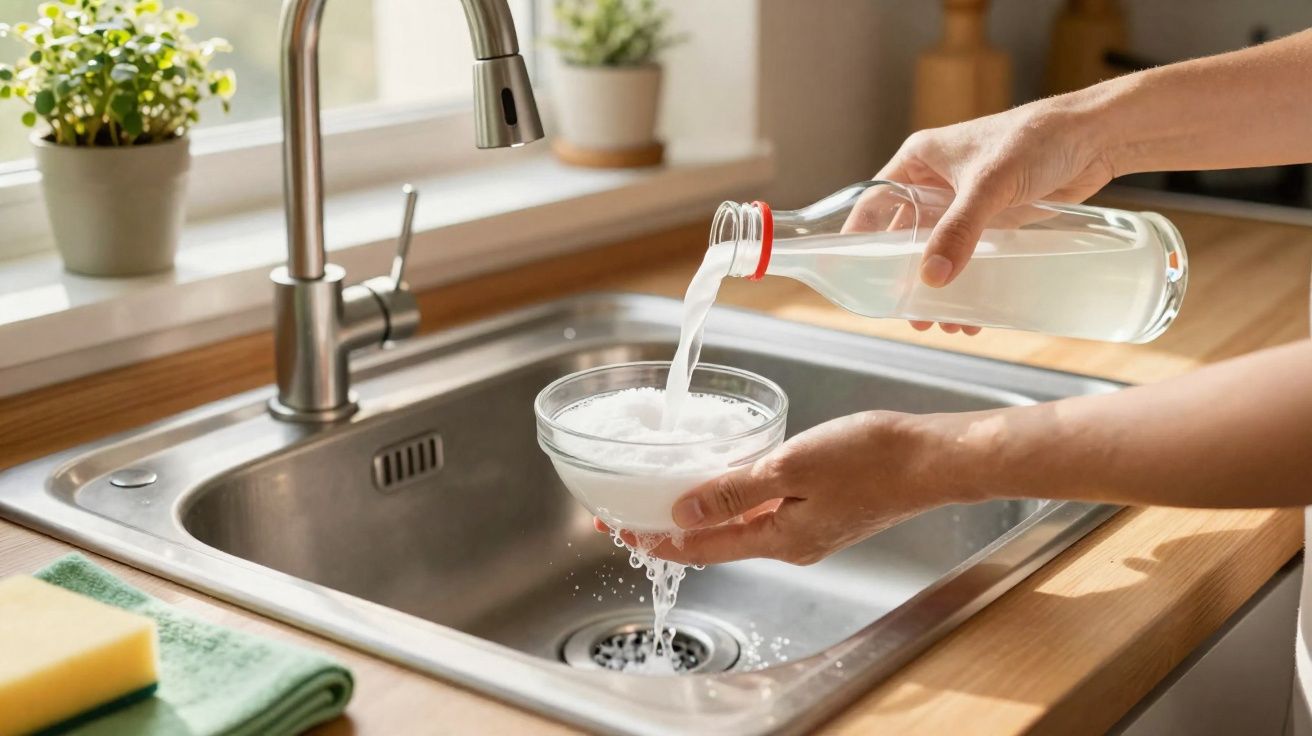 Mãos a verter líquido de limpeza num recipiente sobre uma pia de cozinha em madeira clara.