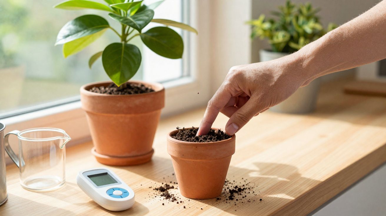 Mão a preparar terra num vaso de barro junto a janela com planta, regador e medidor digital de humidade.
