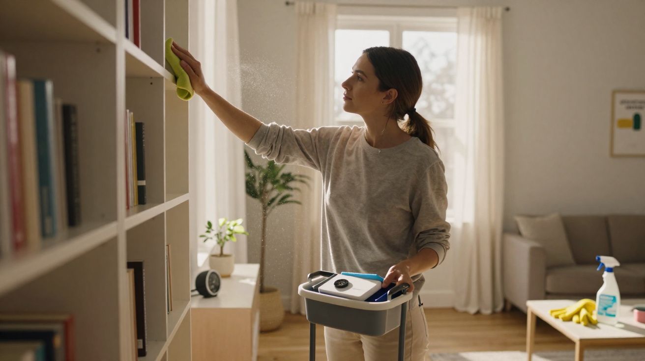 Mulher a limpar estante numa sala luminosa com pano e balde de limpeza.