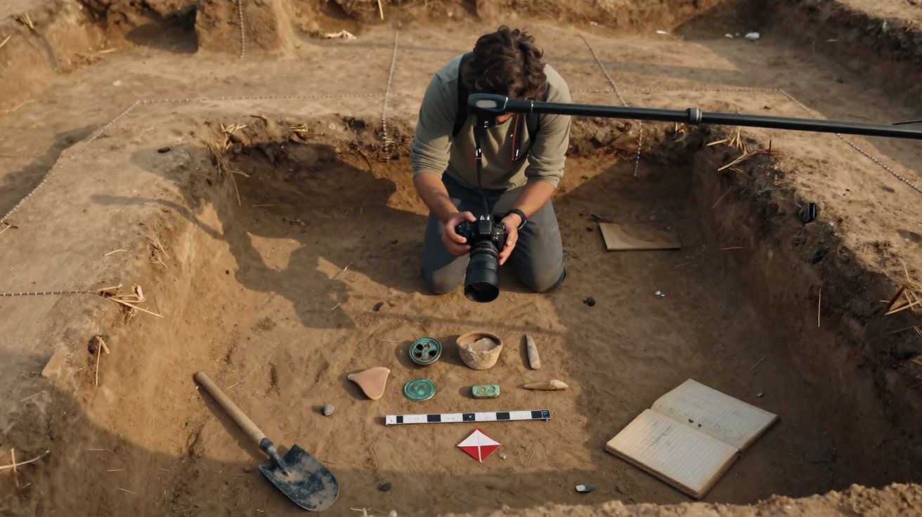 Arqueólogo documenta artefactos descobertos numa escavação arqueológica ao ar livre.