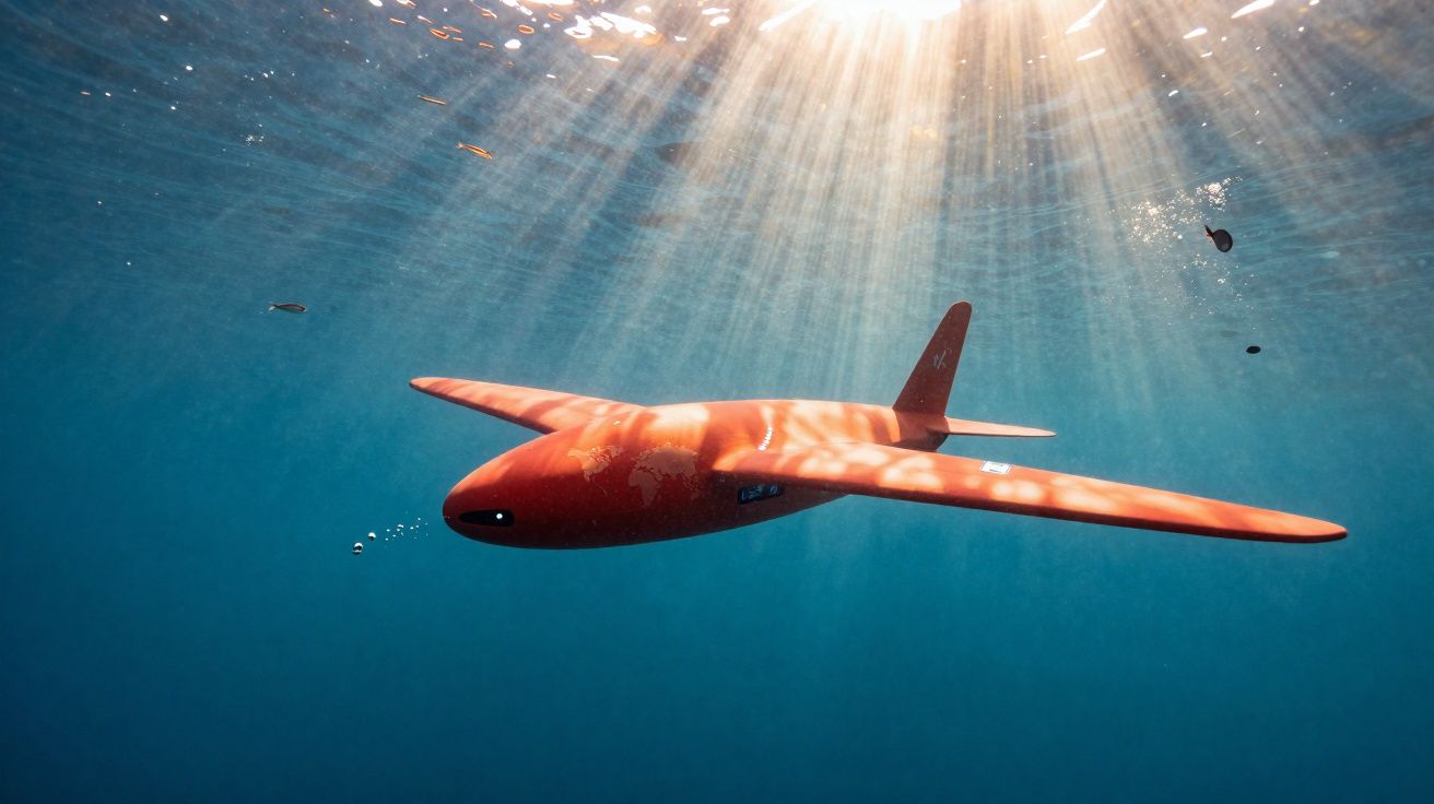 Drone subaquático vermelho a nadar sob a superfície iluminada do oceano, com pequenos peixes à volta.