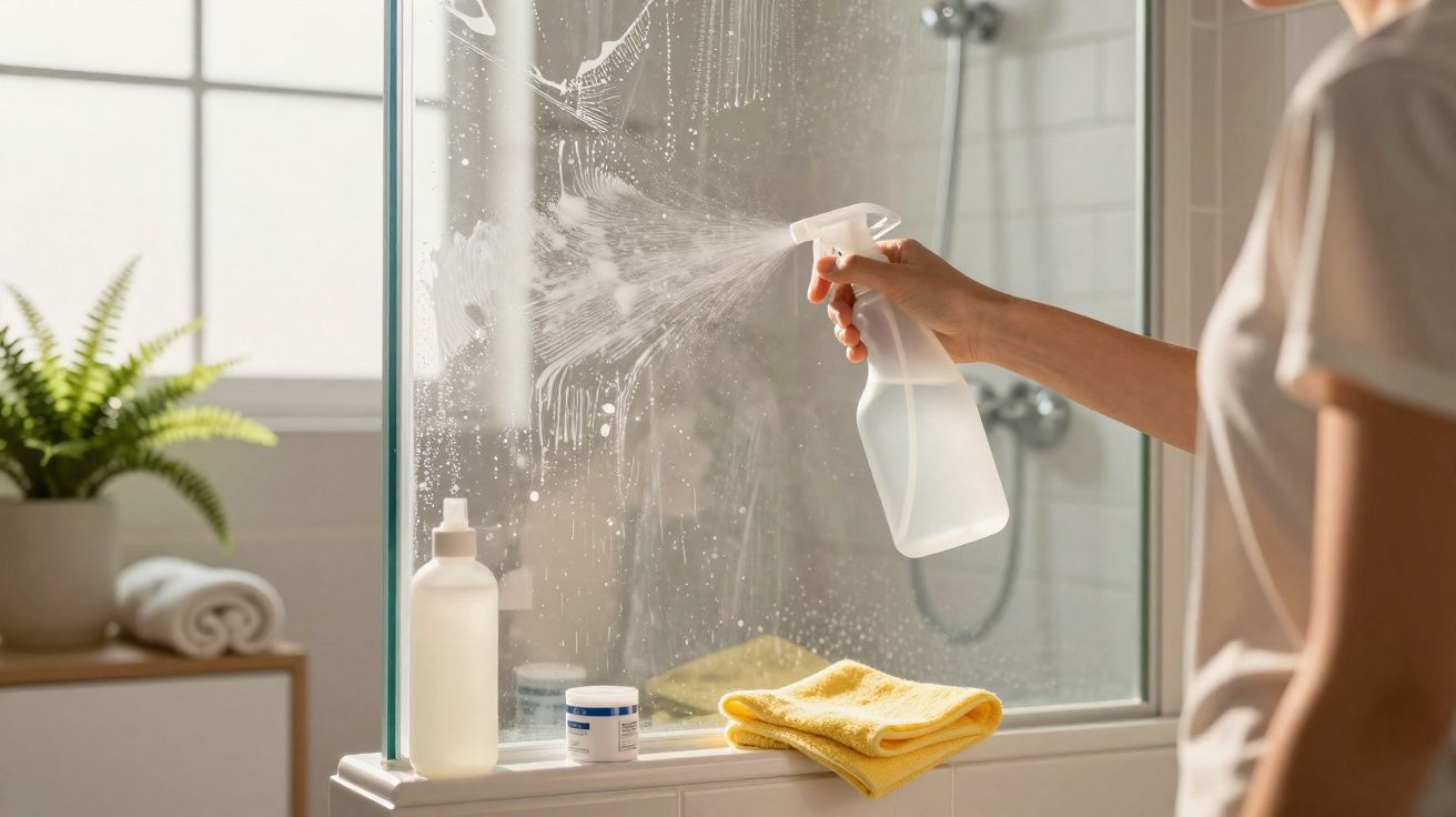 Pessoa a limpar um espelho de casa de banho com pulverizador e pano amarelo, com planta ao fundo.