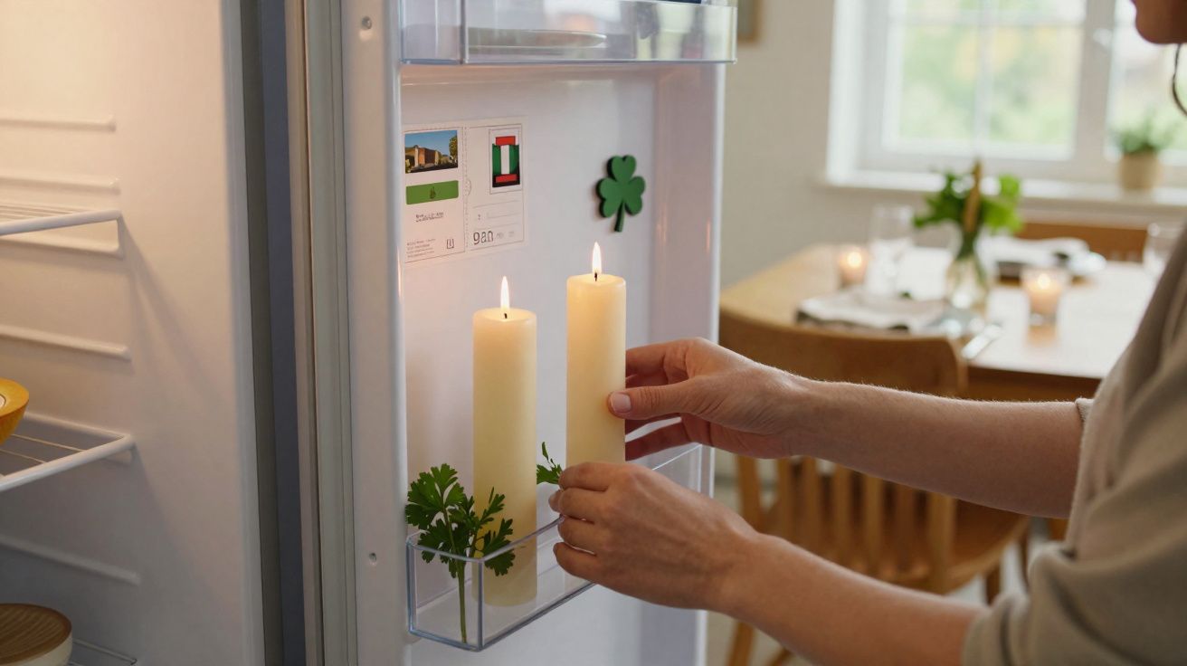 Pessoa a colocar duas velas acesas na porta de um frigorífico aberto numa cozinha iluminada.