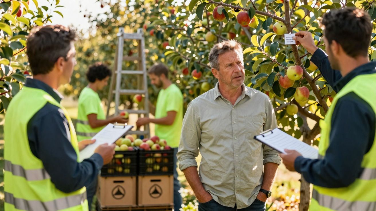 Homens a inspecionar e colher maçãs numa pomar durante o dia, com caixas de fruta e escada ao fundo.