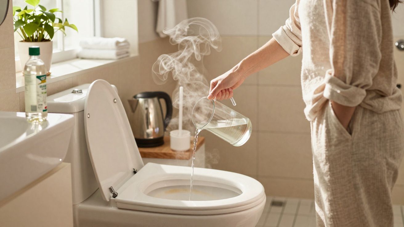 Pessoa a verter água quente com vapor para dentro da sanita numa casa de banho clara e arrumada.