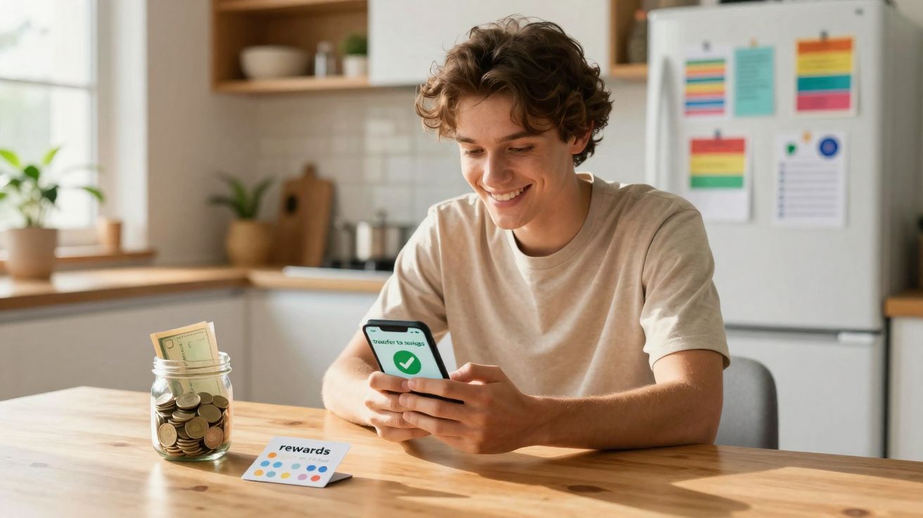 Jovem sentado a sorrir enquanto usa telemóvel, com frasco de moedas e cartão de recompensas numa mesa de madeira.