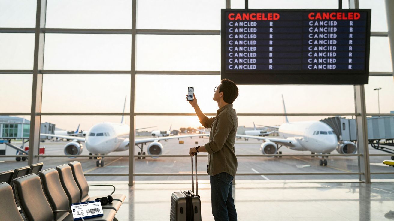 Passageiro no aeroporto com mala observa painel onde todos os voos estão cancelados ao pôr do sol.